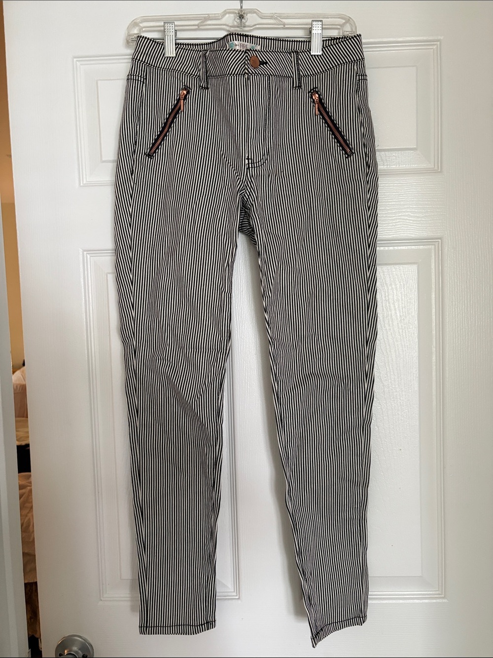 love, Fire Black and White Striped Skinny Jeans